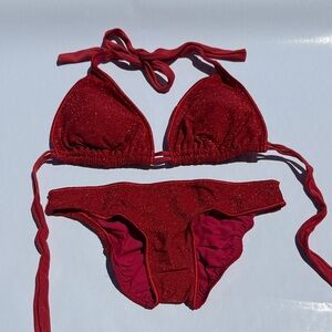 Stardust Red DD Triangle Halter Top and Small Ruched Back Bottom